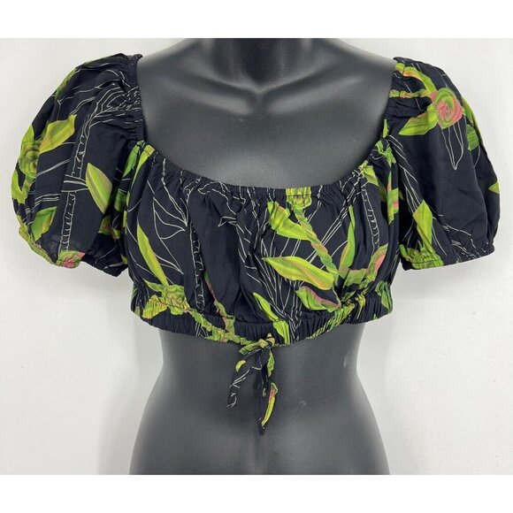 Lexbreezy Hawaii Modern Aloha Wear XL Leaf Black Crop Top Floral Puff Sleeve New - Picture 1 of 10